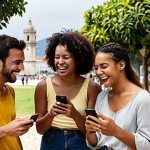 **

>A group of diverse friends laughing together outdoors, some looking at their phones, others making eye contact. Focus on genuine smiles and a relaxed atmosphere. Soft, natural lighting. Emphasize the balance between digital connection and real-life interaction. Possibly a park in Lisbon or Rio de Janeiro in the background.

**