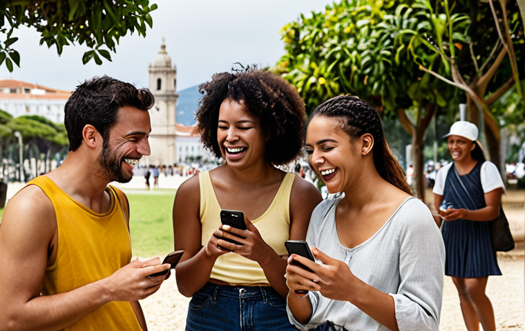 **
>A group of diverse friends laughing together outdoors, some looking at their phones, others making eye contact. Focus on genuine smiles and a relaxed atmosphere. Soft, natural lighting. Emphasize the balance between digital connection and real-life interaction. Possibly a park in Lisbon or Rio de Janeiro in the background.
**