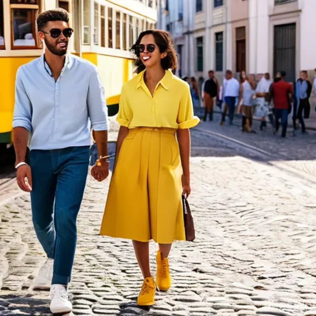 사회적 영향력과 대중심리 - **Prompt:** A vibrant street scene in Lisbon, Portugal, specifically in the Baixa district. The sun ...