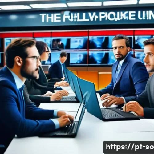 사회적 담론과 프레이밍 효과 - A detailed newsroom scene showing a diverse group of journalists and editors discussing a breaking n...