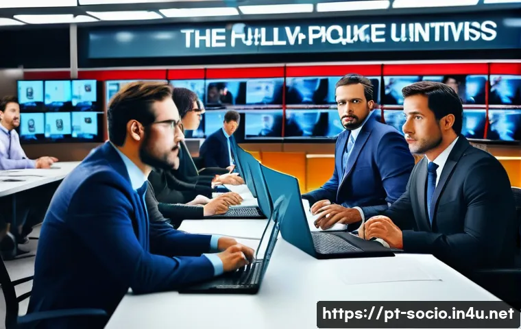 사회적 담론과 프레이밍 효과 - A detailed newsroom scene showing a diverse group of journalists and editors discussing a breaking n...