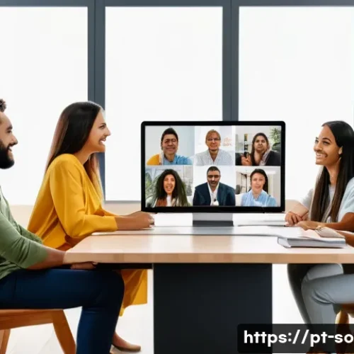 사회적 제도와 법률 변화 - A diverse group of Brazilian office workers engaged in a remote work meeting via laptop and video ca...