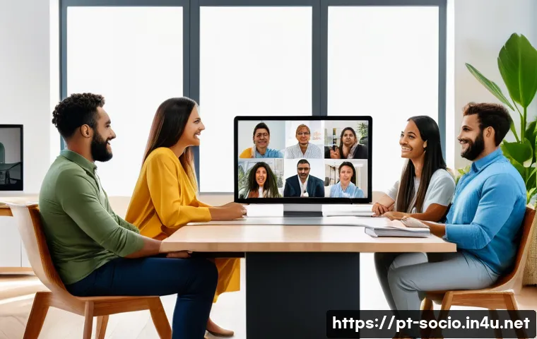 사회적 제도와 법률 변화 - A diverse group of Brazilian office workers engaged in a remote work meeting via laptop and video ca...