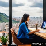 Home 18 세계화와 사회적 변화 - A modern home office setting in São Paulo, Brazil, showing a young professional woman wearing smart ...