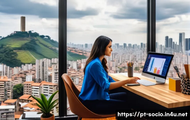 세계화와 사회적 변화 - A modern home office setting in S&atilde;o Paulo, Brazil, showing a young professional woman wearing smart ...