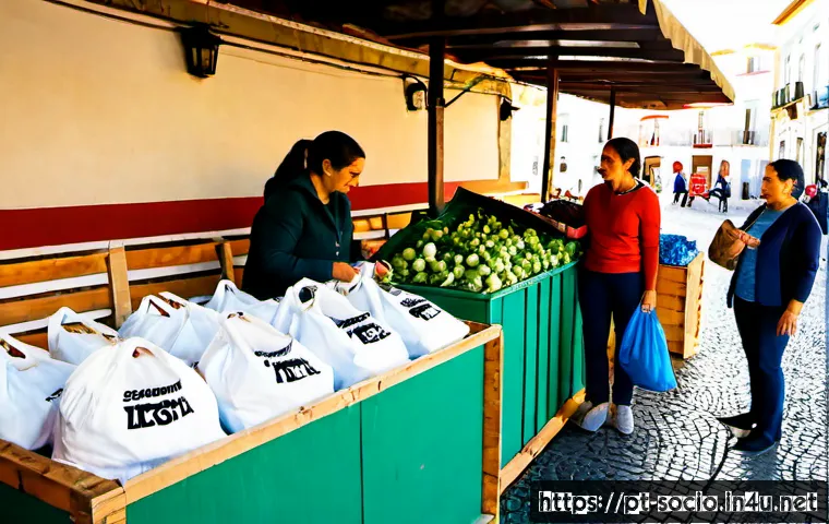 Home 17 사회적 가치와 윤리적 소비 - Photorealistic Portuguese family at a sunlit Lisbon neighborhood market, thoughtfully choosing seaso...